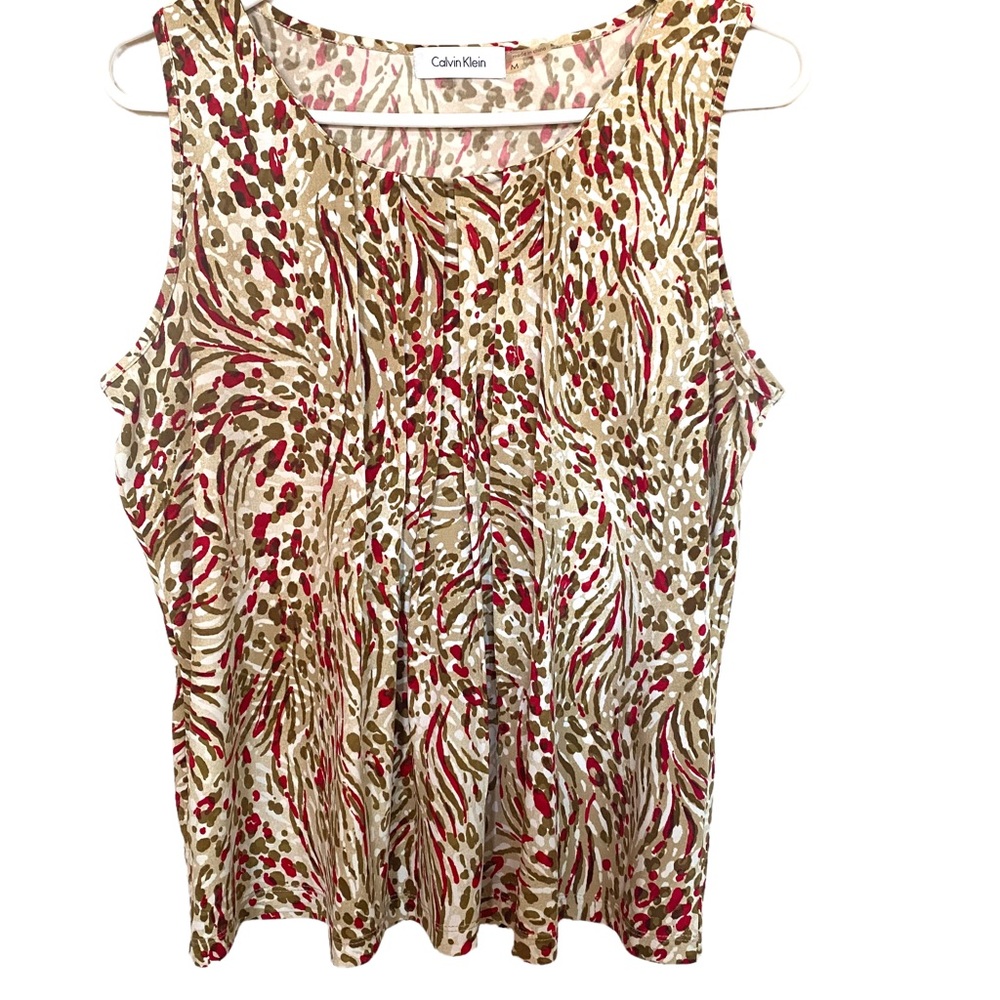 Calvin Klein Women’s Sleeveless Top. Size M, Red, tan, olive, khaki & white.